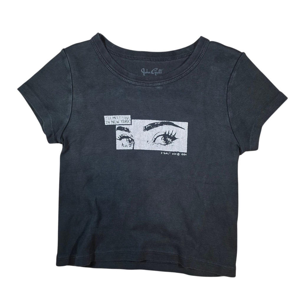 John Galt Womens Small T-Shirt Black Graphic Baby Tee New York Eyes Short Sleeve